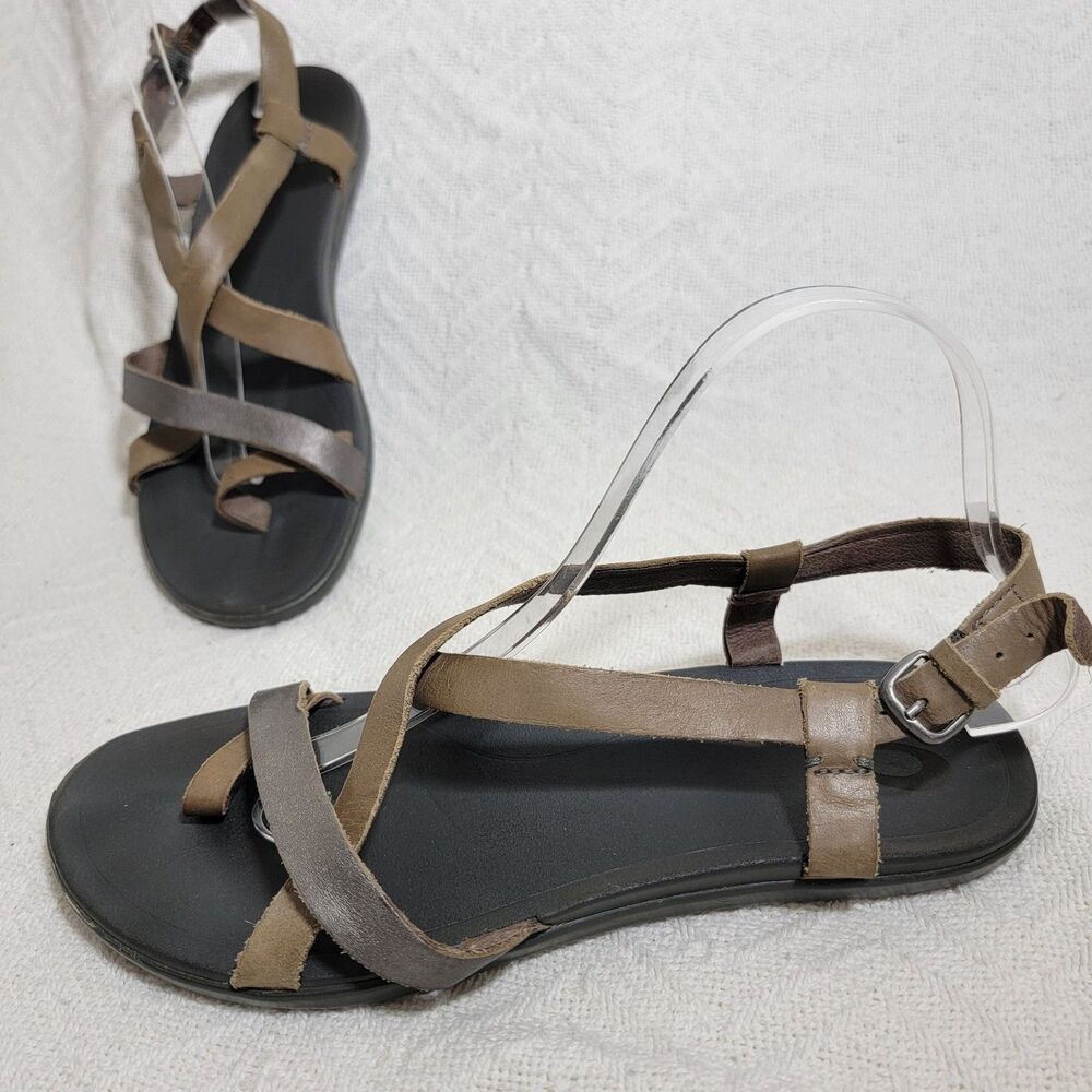 Olukai Women Upena Loop Toe‎ Leather Strappy Sandals Size 8 Silver Brown
